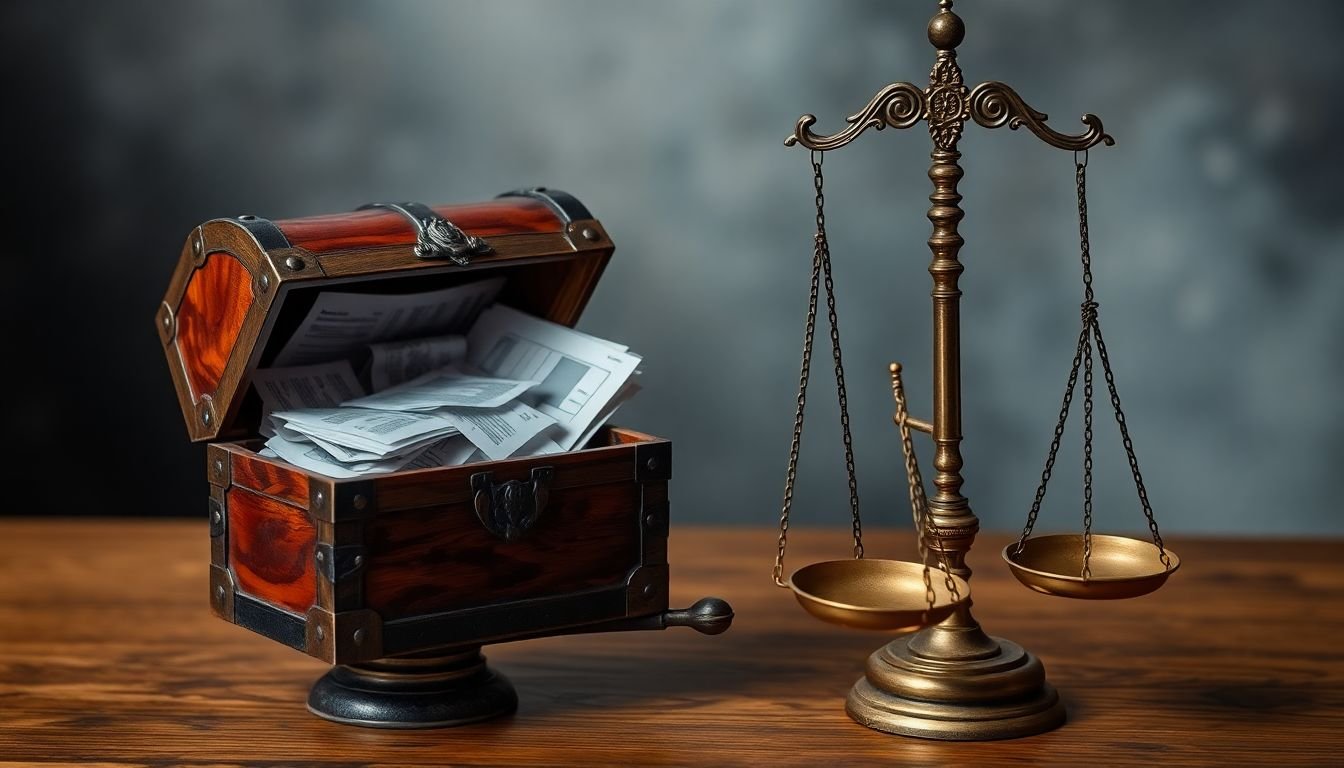 A treasure chest filled with public data, sitting on a scale of justice.