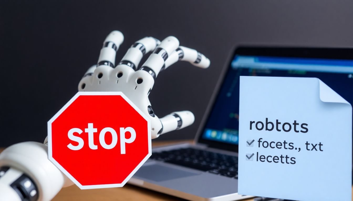 A robot arm reaching towards a laptop, with a 'stop' sign and a file labeled 'robots.txt' in the foreground.