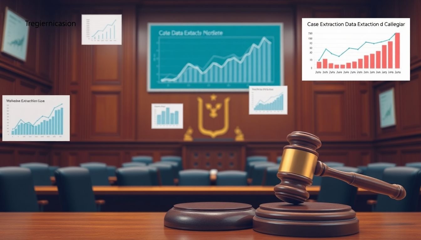 A courtroom with a judge's gavel, surrounded by graphs and charts representing data extraction cases.