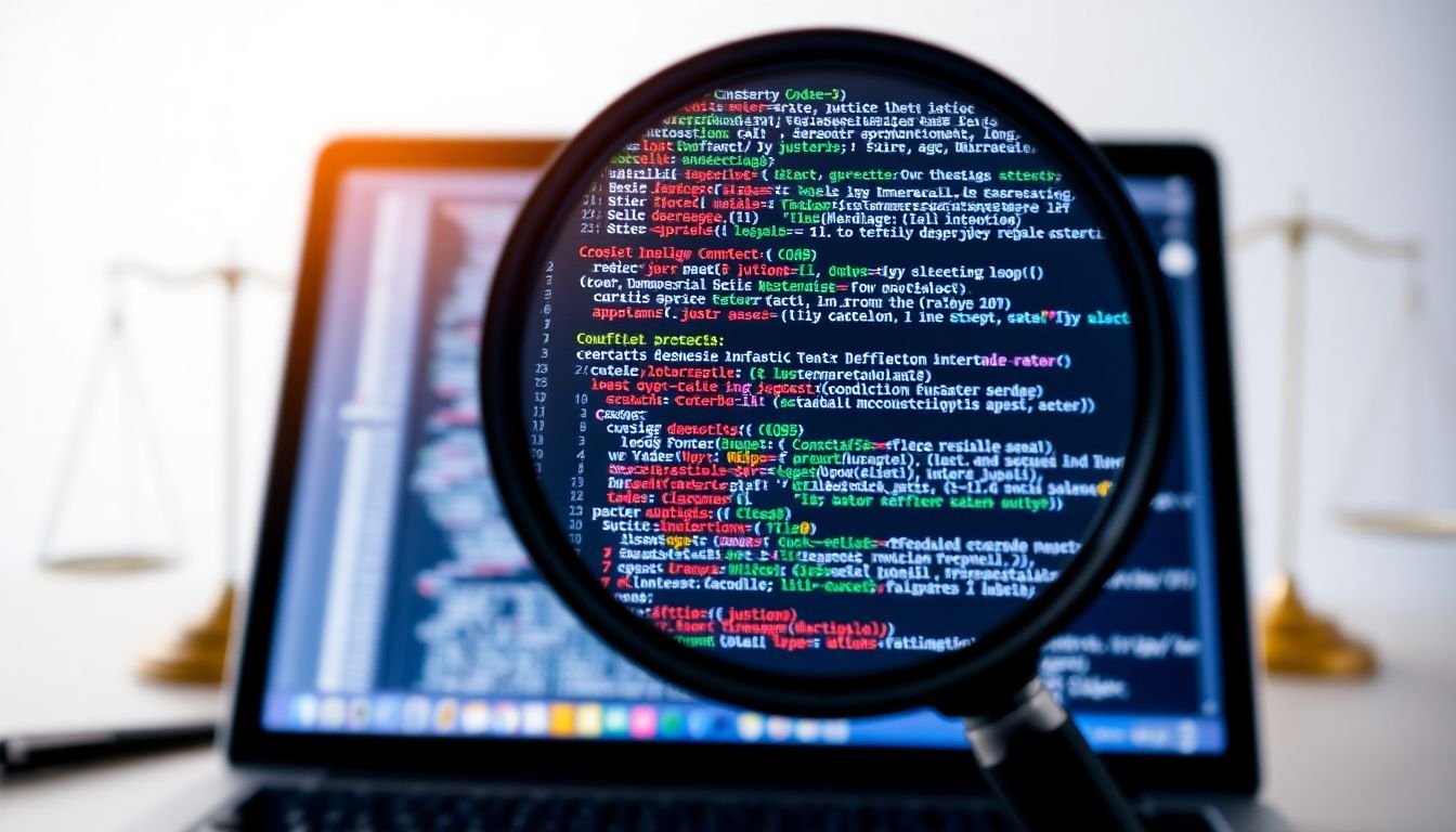 A magnifying glass hovering over a laptop screen, zooming in on a line of code, with a scale of justice in the background.