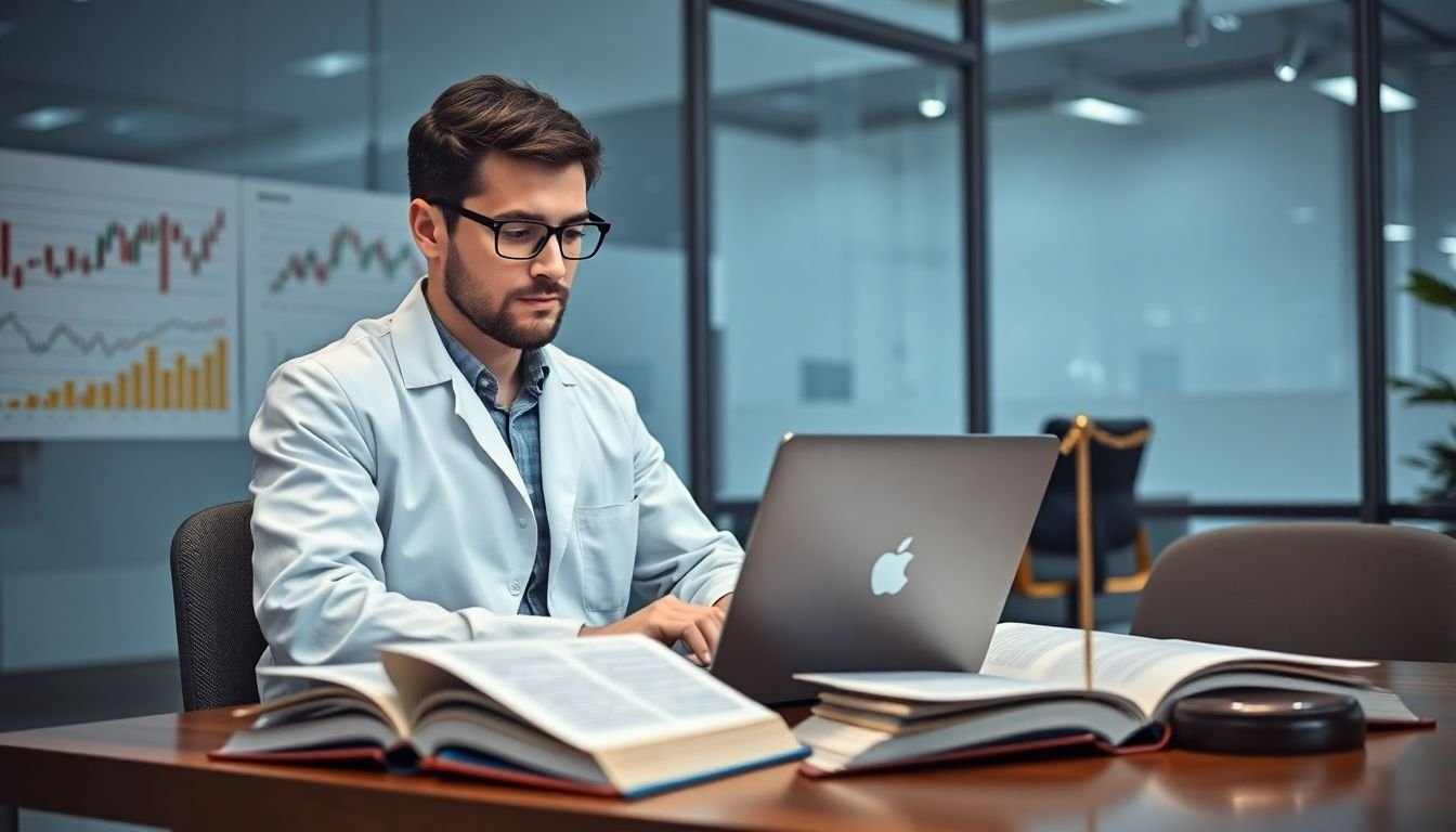 A data scientist sitting at a laptop in a modern office, surrounded by graphs and charts, with a legal book open beside them, symbolizing the balance between data extraction and compliance.