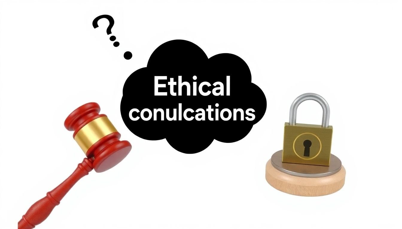 A thought bubble with ethical considerations and legal symbols, such as a gavel and a lock, surrounding it.