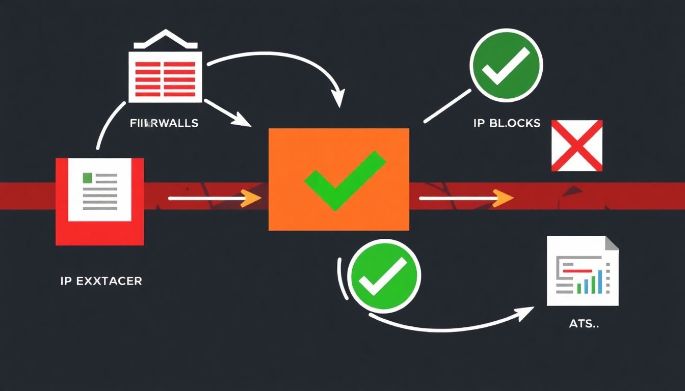 A graphic showing a web scraper navigating around obstacles like firewalls and IP blocks, with successful data extraction represented by a green checkmark.