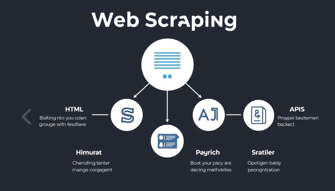 An infographic illustrating different web scraping techniques, with icons representing HTML, CSS, and APIs.