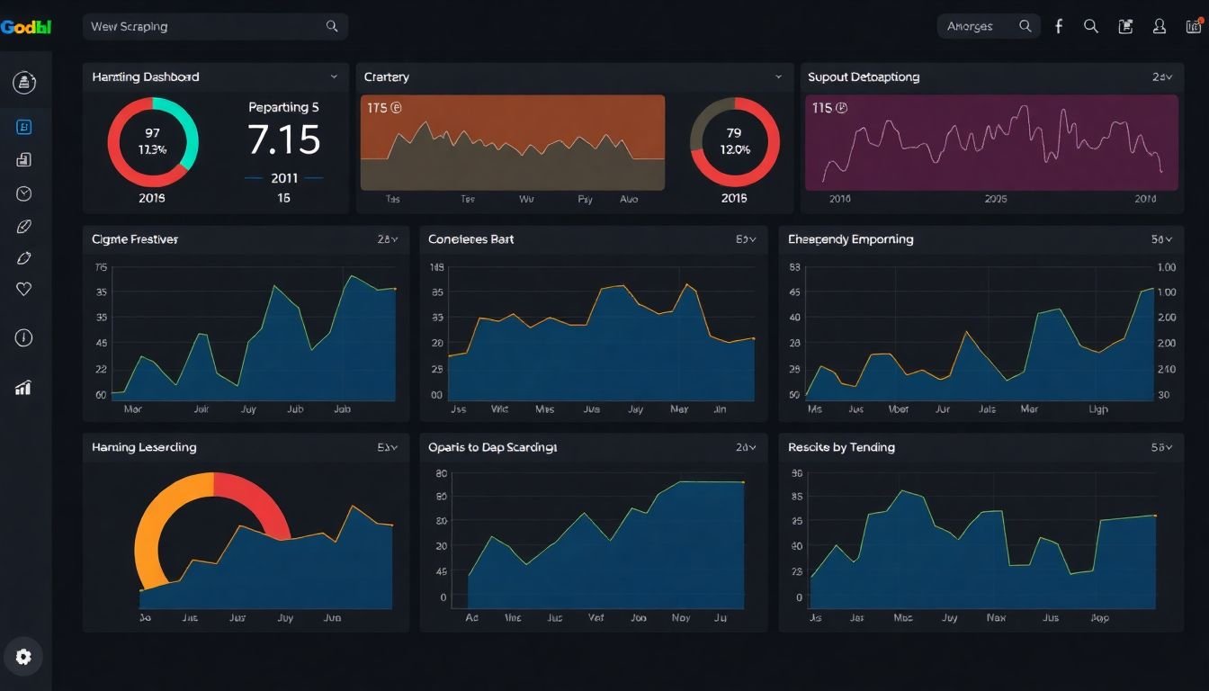 A dashboard with graphs and charts monitoring the health and performance of a web scraping project.