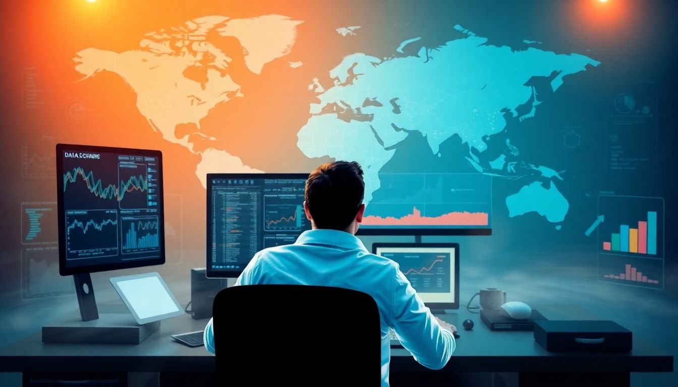 A dynamic image of a data scientist at a computer terminal, surrounded by graphs and charts, with a world map in the background, depicting the vast scale of web scraping across the globe.