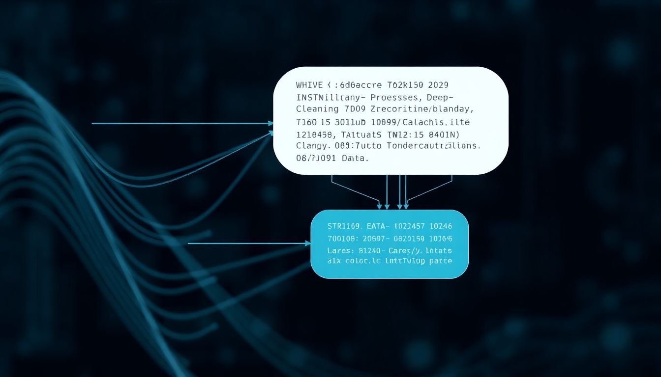 A neural network diagram, with data flowing through layers, representing the complex processing of deep learning in data cleaning.