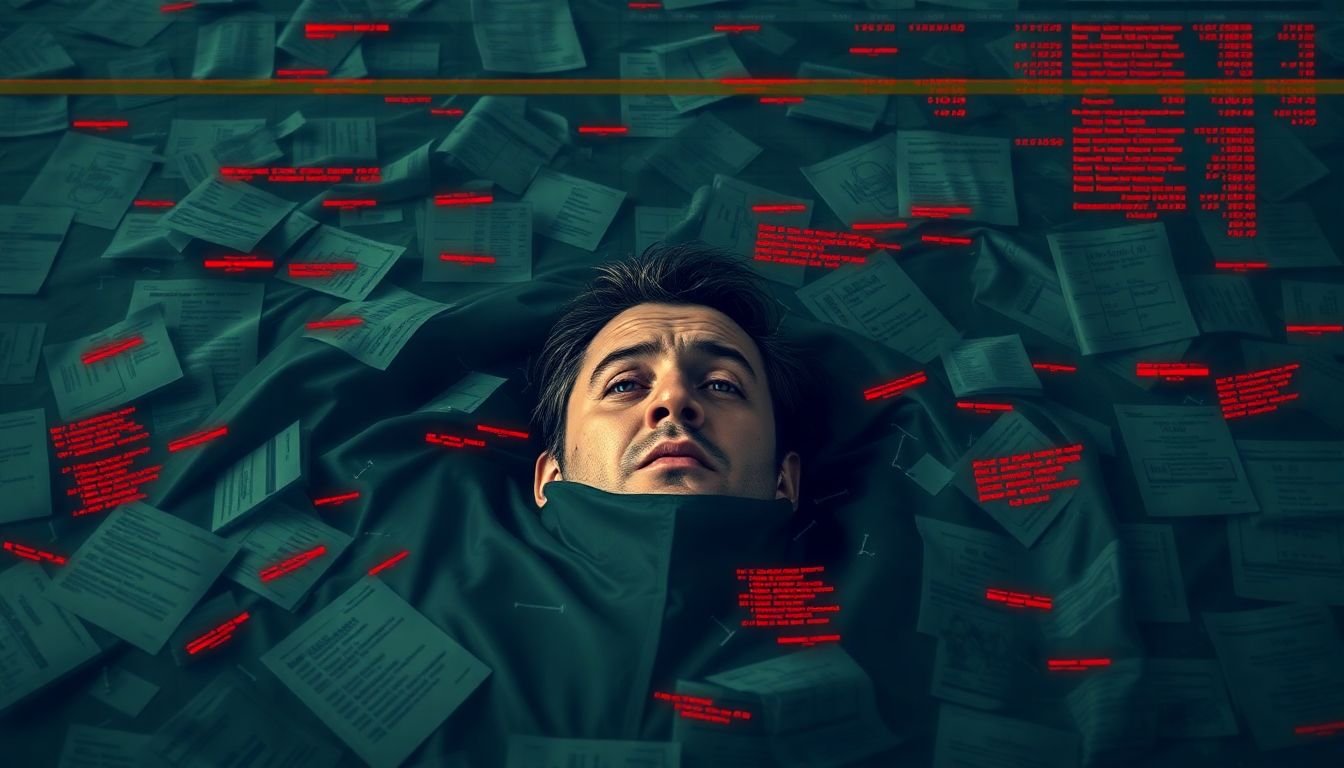 A frustrated analyst drowning in a sea of messy data, with errors and inconsistencies highlighted in red.