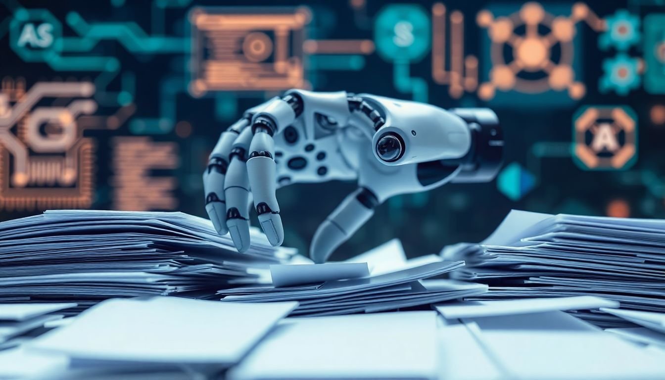 A robot hand sorting through a pile of documents, with AI algorithms processing data in the background.