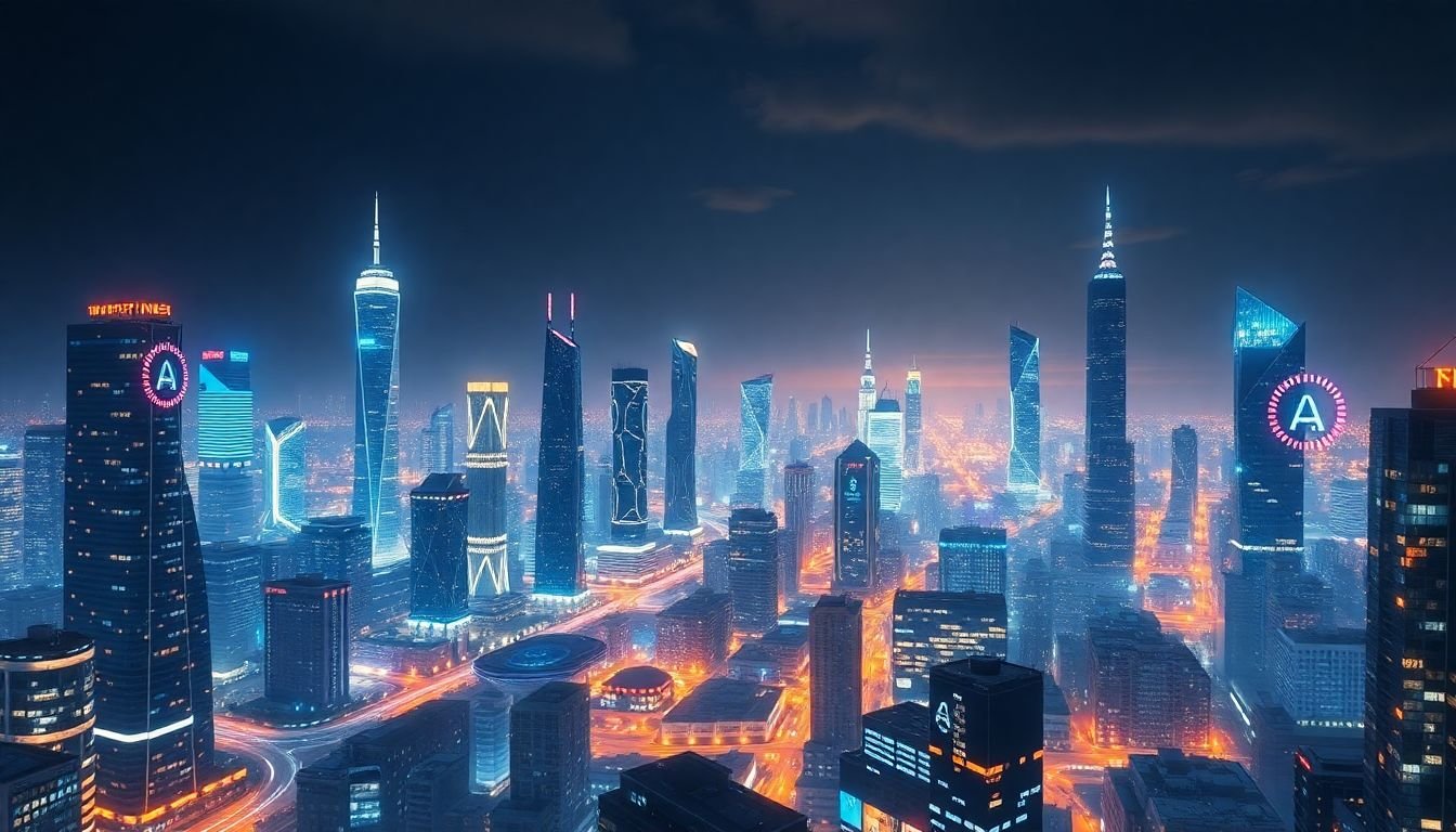 A futuristic cityscape with AI-driven data cleaning processes happening in the background, symbolizing the future of data cleaning.