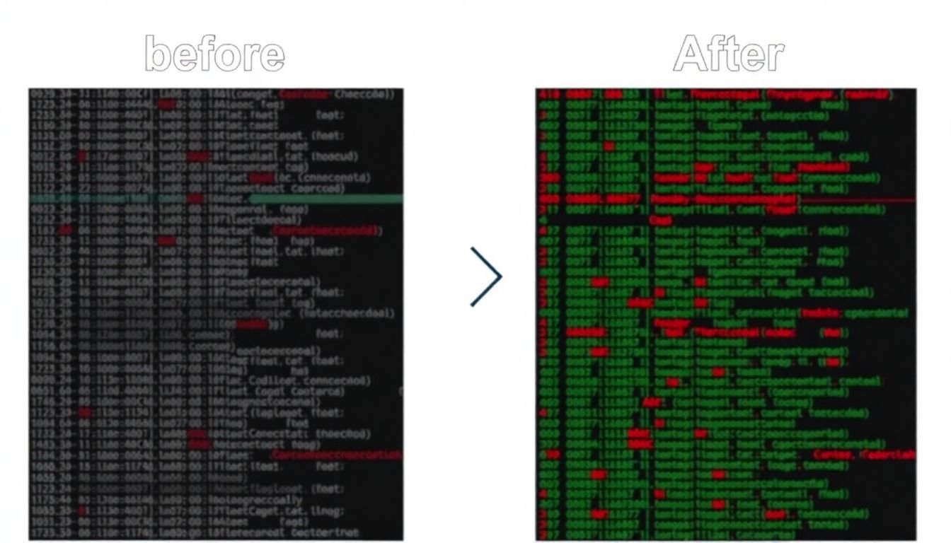 A before-and-after comparison of a dataset, showing the transformation from messy to clean data after AI-driven validation.