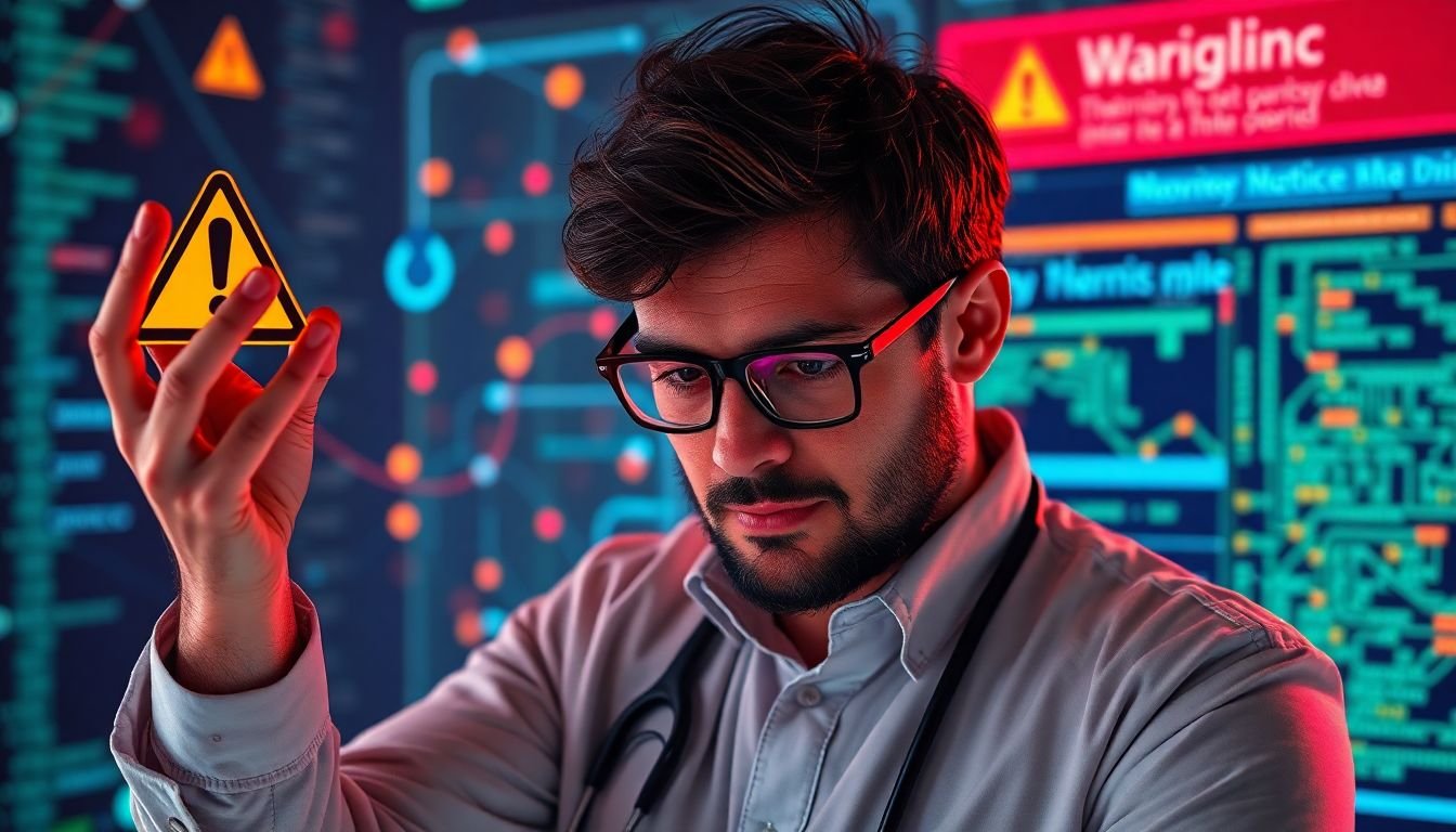 A data scientist grappling with a complex AI model, with warning signs around data privacy and explainability.