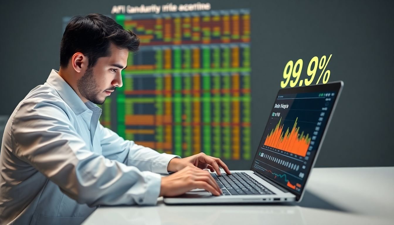 A data scientist meticulously cleaning a vast spreadsheet on a sleek laptop, with AI algorithms running in the background, displaying a 99.9% accuracy rate on the screen.