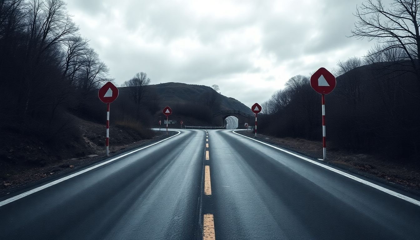 A road with obstacles, with each obstacle representing a different challenge in bespoke algorithm development, and a path leading to a successful outcome.