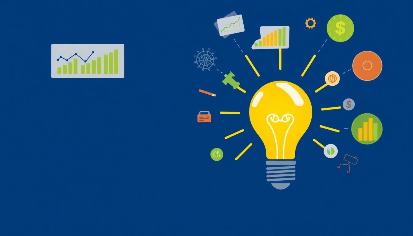 A lightbulb moment illustration, with data charts and graphs radiating from the lightbulb to represent the power of custom data-driven problem solving.