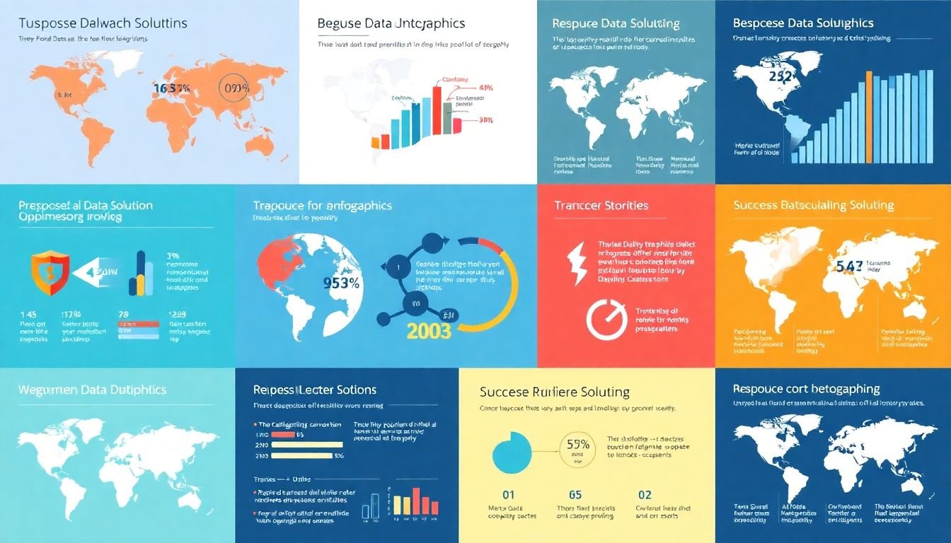A collage of infographics showcasing the results of bespoke data solutions in various industries, with success stories highlighted.