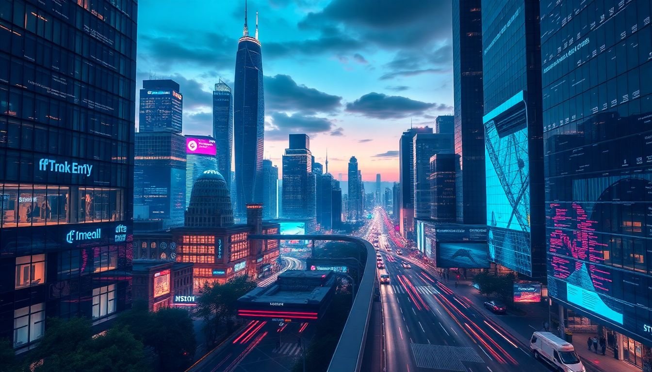 A futuristic cityscape with data-driven technologies integrated into everyday life, symbolizing the future of bespoke data solutions.
