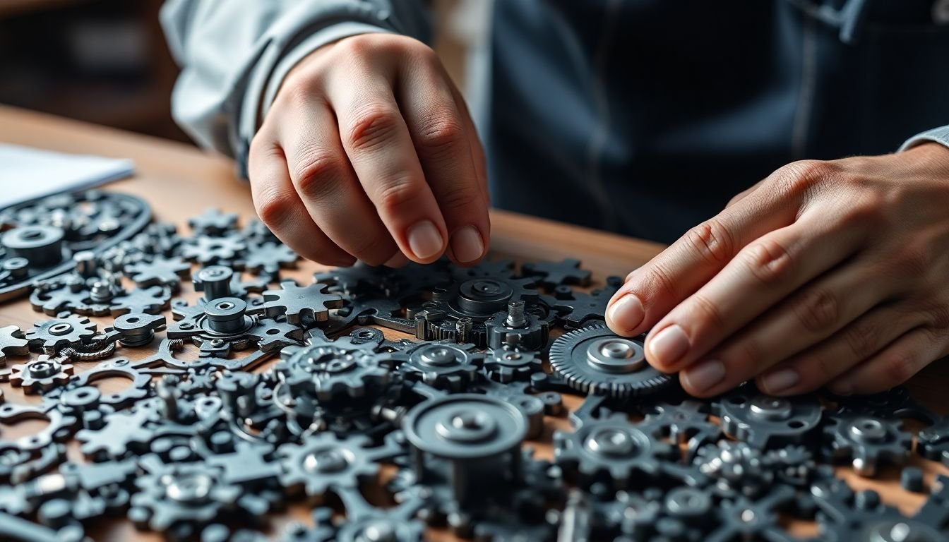 A close-up of a craftsman's hands meticulously assembling a complex mechanical puzzle, representing the intricate process of crafting bespoke algorithms to solve unique business challenges.