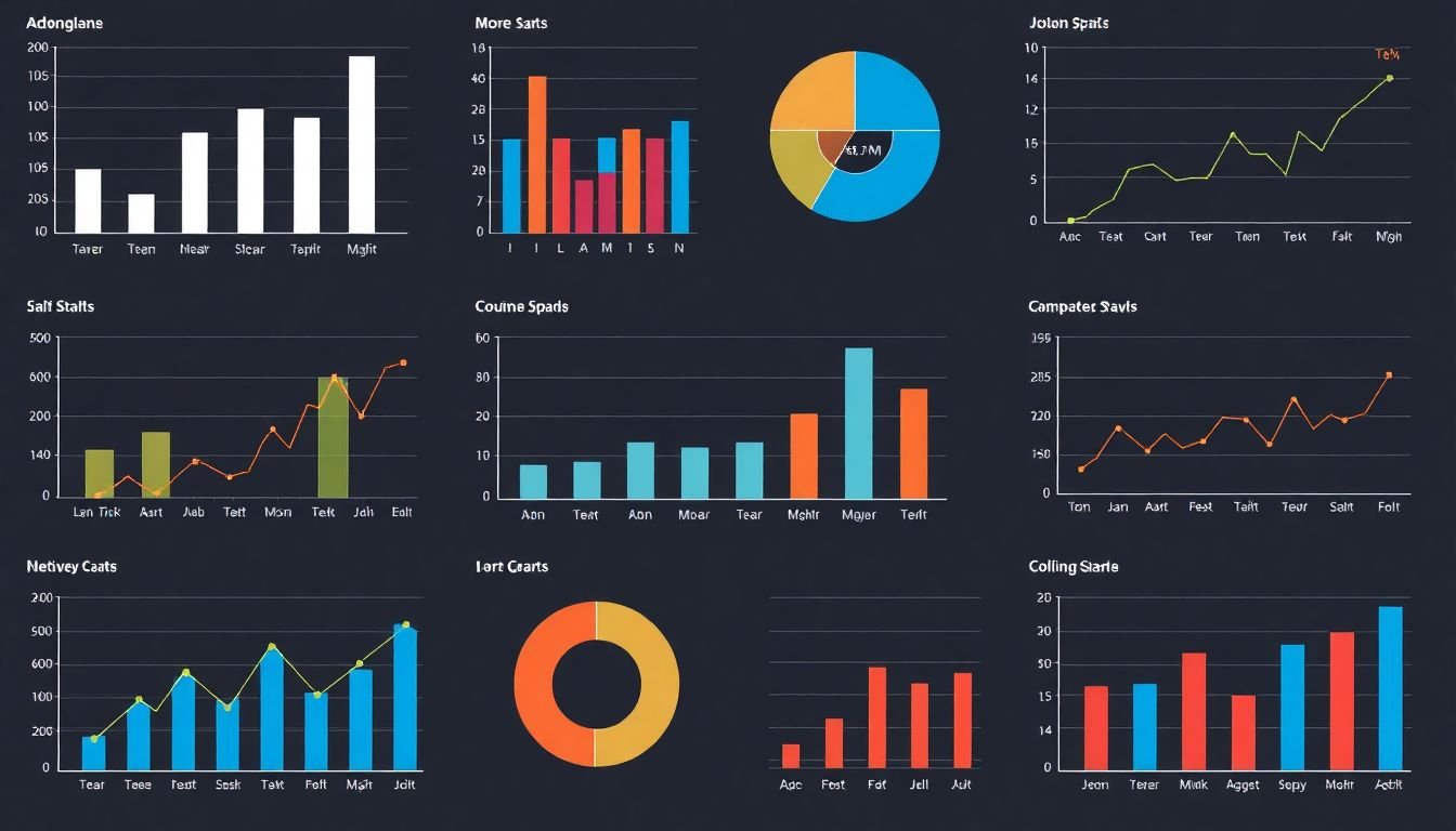 A variety of charts and graphs (bar, line, pie, scatter, etc.) with data points and labels clearly visible.