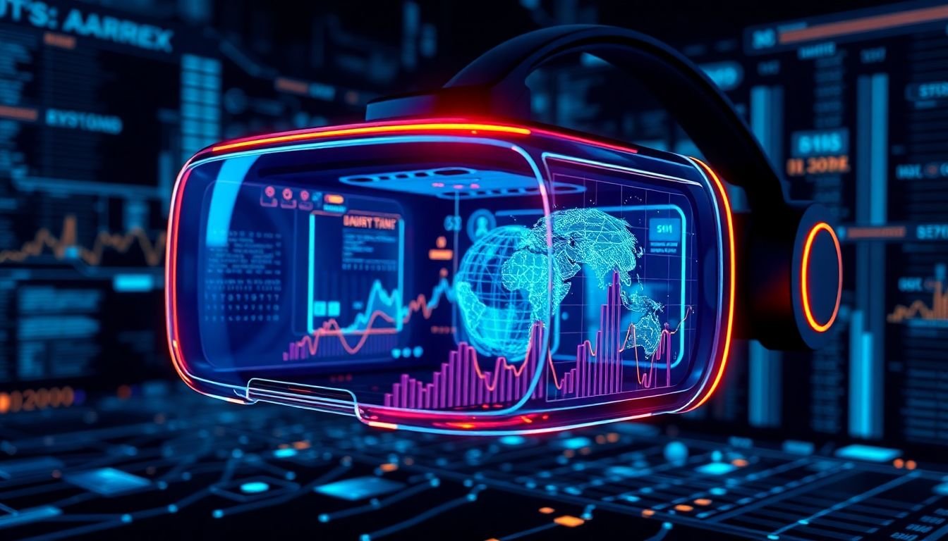 A futuristic data visualization, such as an AR or VR headset displaying a 3D data visualization.