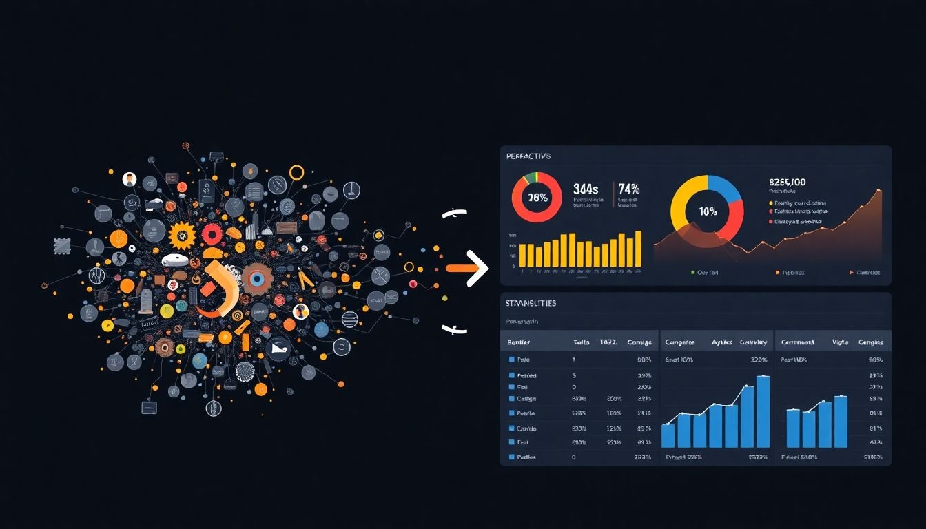 A dynamic infographic showcasing a complex dataset transforming into a clean, interactive business intelligence dashboard, with data points highlighted and a strategic decision being made based on the insights.