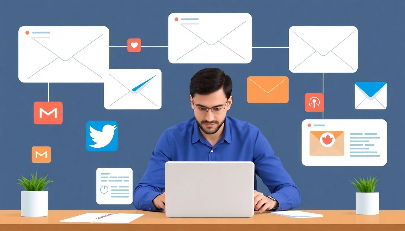 A social media manager coordinating multiple platforms, with emails and CRM data seamlessly integrated into their workflow.