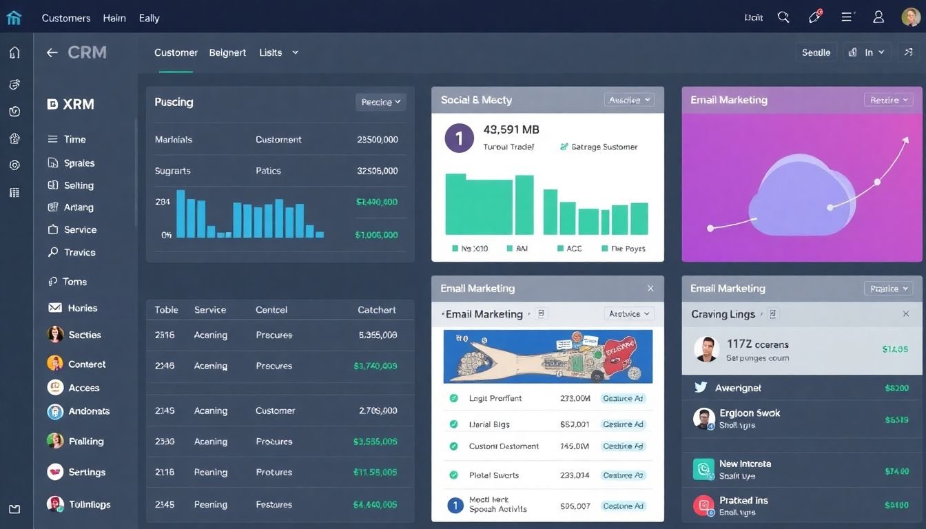 A CRM dashboard displaying customer data, with social media and email marketing activities integrated and visible.