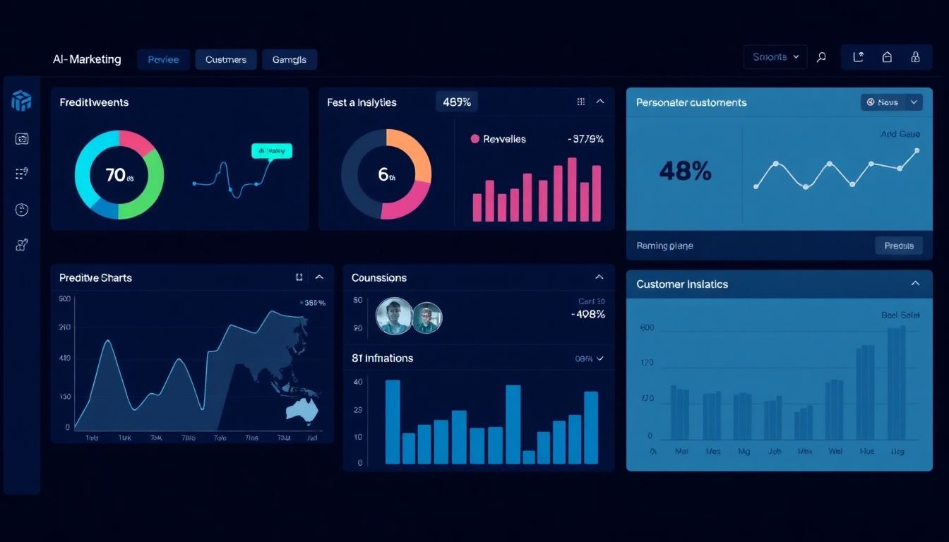An AI-powered marketing dashboard, with predictive analytics and personalized customer insights displayed.