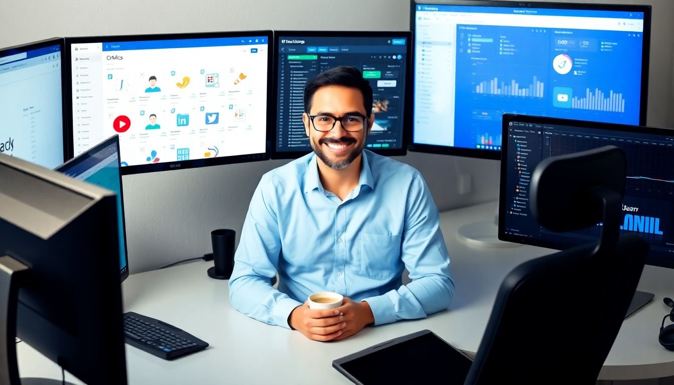 A digital marketing manager sitting at a desk, surrounded by multiple screens displaying social media platforms, email software, and a CRM dashboard, all interconnected and working in harmony, with a cup of coffee and a satisfied smile.