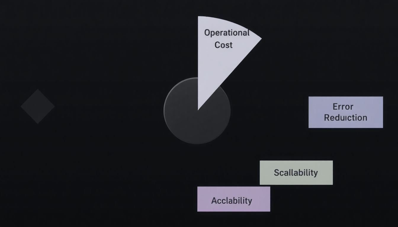 A pie chart with slices for 'Initial Investment', 'Operational Costs', 'Time Savings', 'Error Reduction', and 'Scalability'