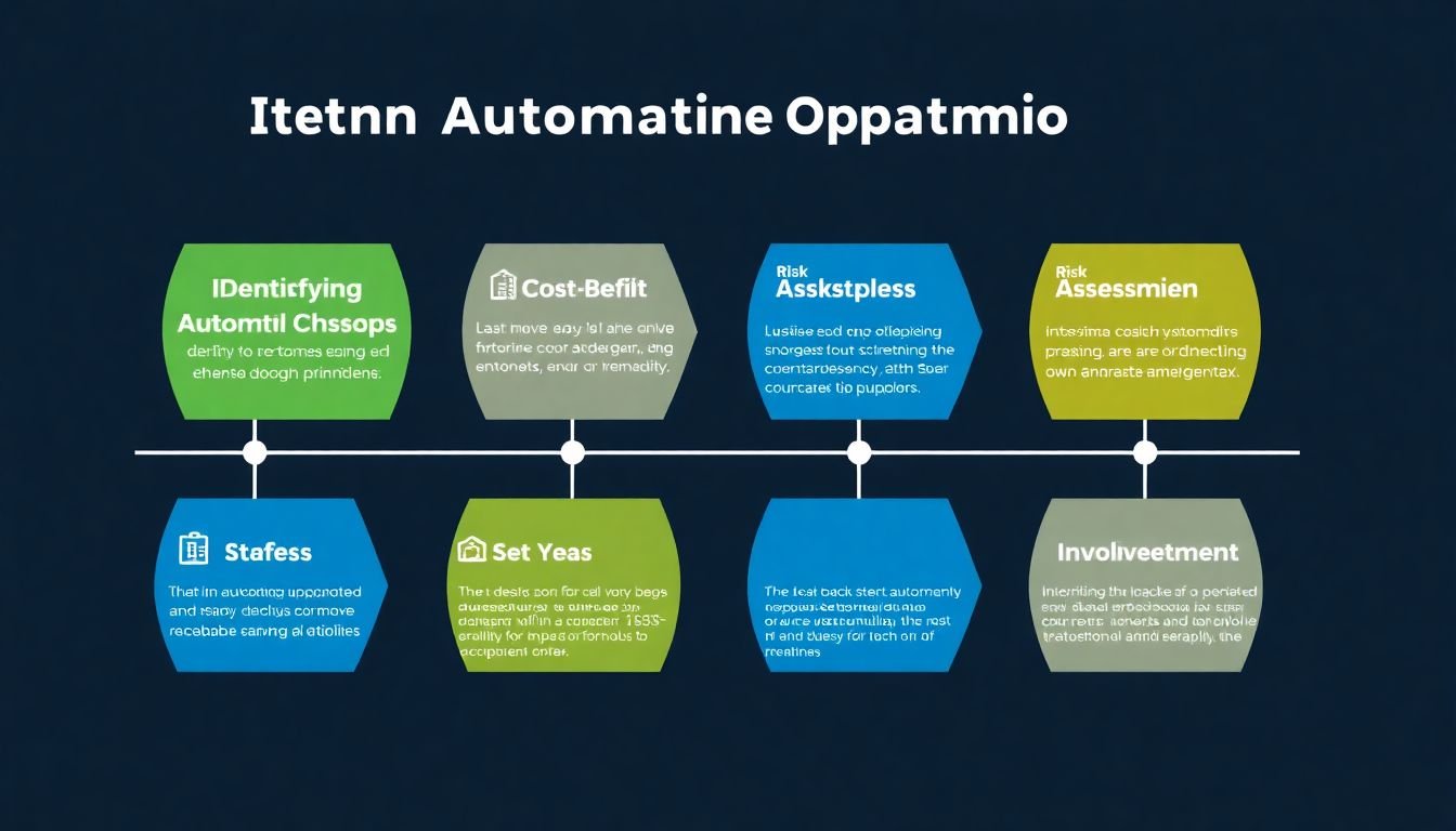 A roadmap with steps for 'Identifying Automation Opportunities', 'Cost-Benefit Analysis', 'Risk Assessment', and 'Stakeholder Involvement'
