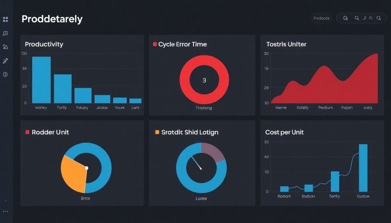 A dashboard with graphs showing 'Productivity', 'Error Rate', 'Cycle Time', 'Throughput', and 'Cost per Unit'