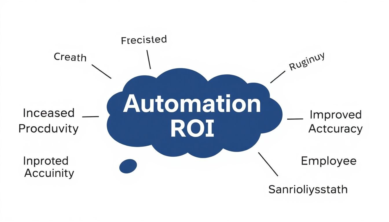 A thought bubble with the words 'Automation ROI' inside, surrounded by intangible benefits like 'Increased Productivity', 'Improved Accuracy', and 'Employee Satisfaction'