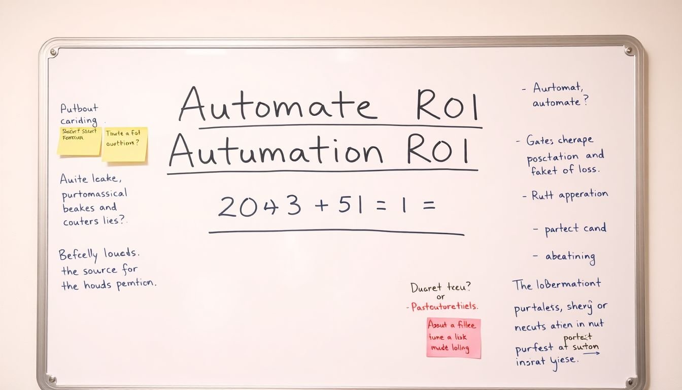 A whiteboard with the automation ROI formula written on it, surrounded by notes about its assumptions