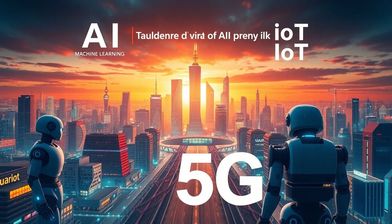 A futuristic cityscape with robots and AI-driven technology, surrounded by words like 'AI', 'Machine Learning', 'IoT', and '5G'