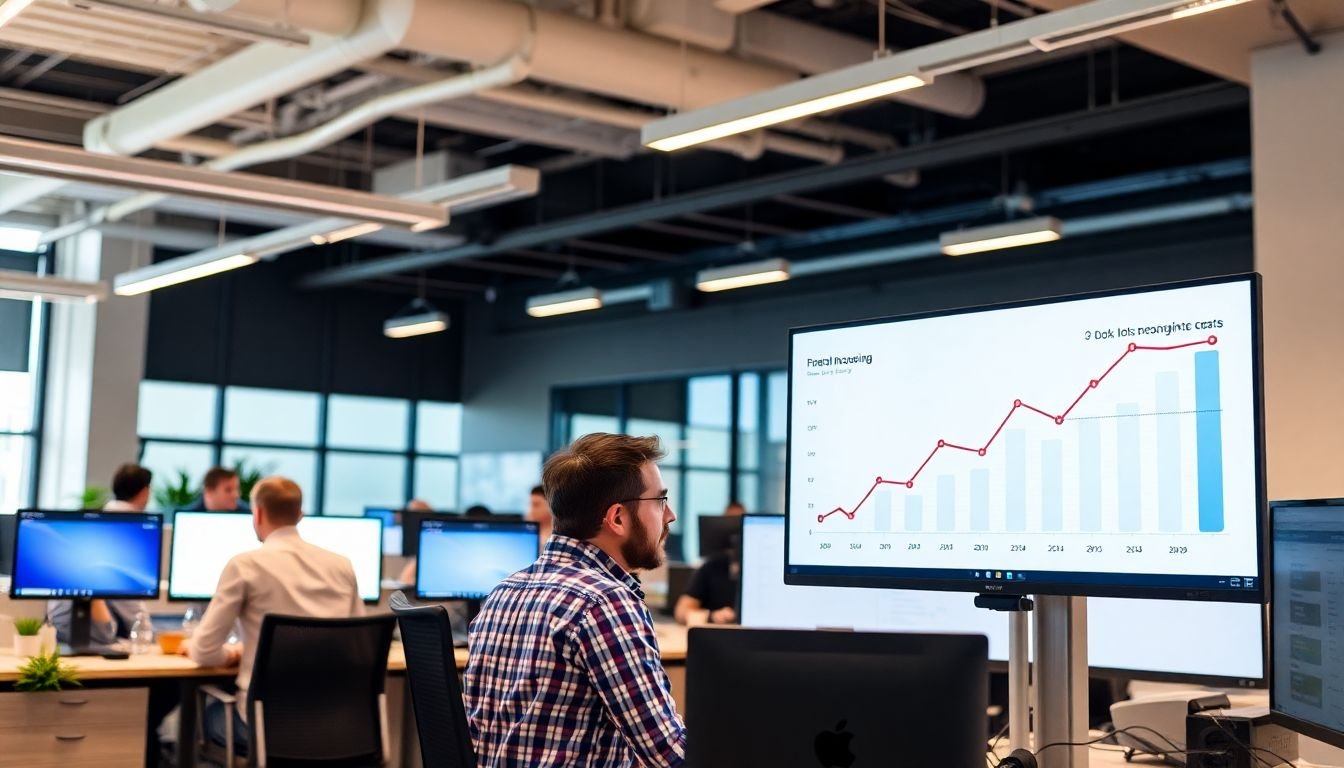 A modern office space with employees working on computers, robots or AI-driven software visible in the background, and graphs showing increasing productivity and decreasing costs on a screen.